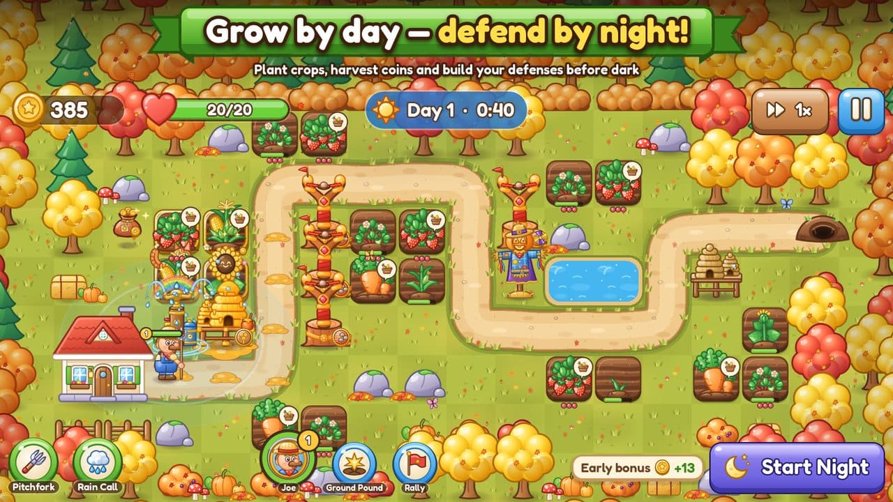 A farm by day with crops and towers